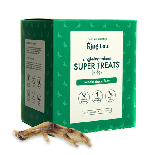 King Lou Pets - Whole Duck Feet for Dogs - Single Ingredient Dog Treat - Dehydrated Dog Treats - USA-Made Dog and Cat Treats - Collagen Glucosamine Chondroitin for Hip and Joint Health - 40 Count